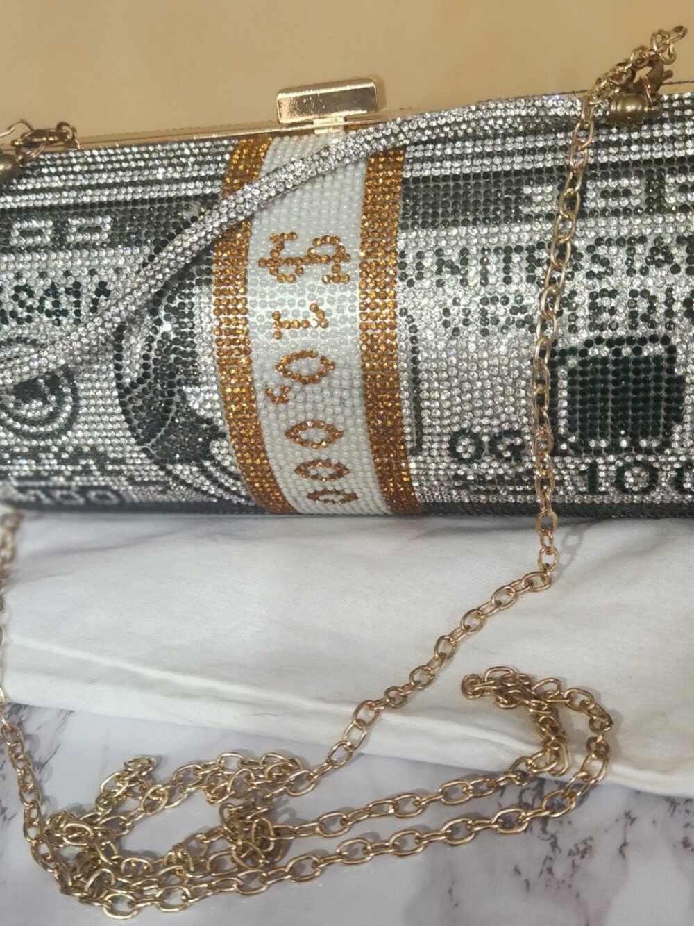 Bedazzled Money Purse with Handle and Shoulder Chain
